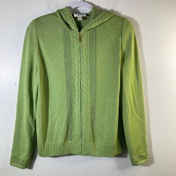 Womens Vintage St John Sport Knit Wool Hooded Zip Cardigan Green L Wool Rayon - Picture 1 of 10